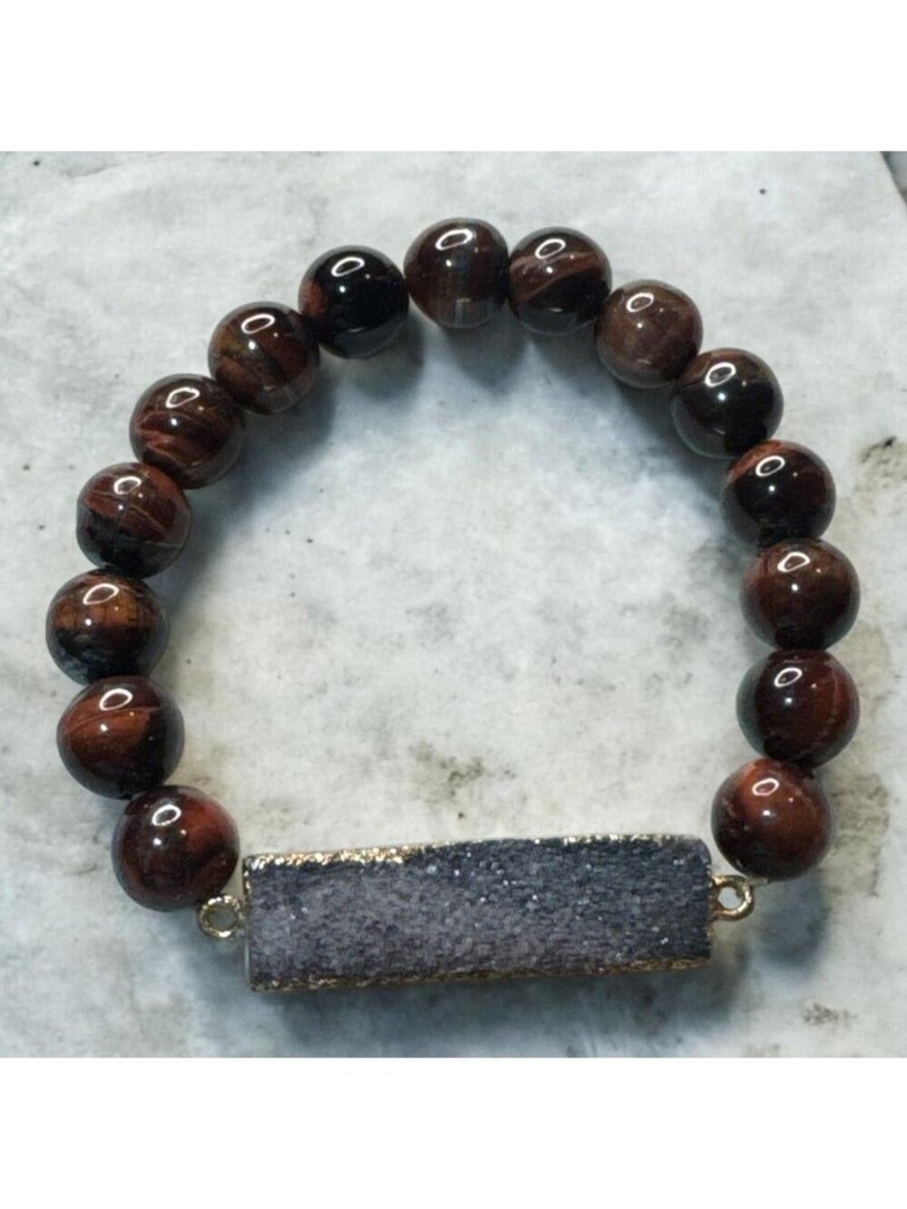 Natural Tiger Eye Beaded Bracelet With Druzy Stone Accent - Elastic Stretch Desi